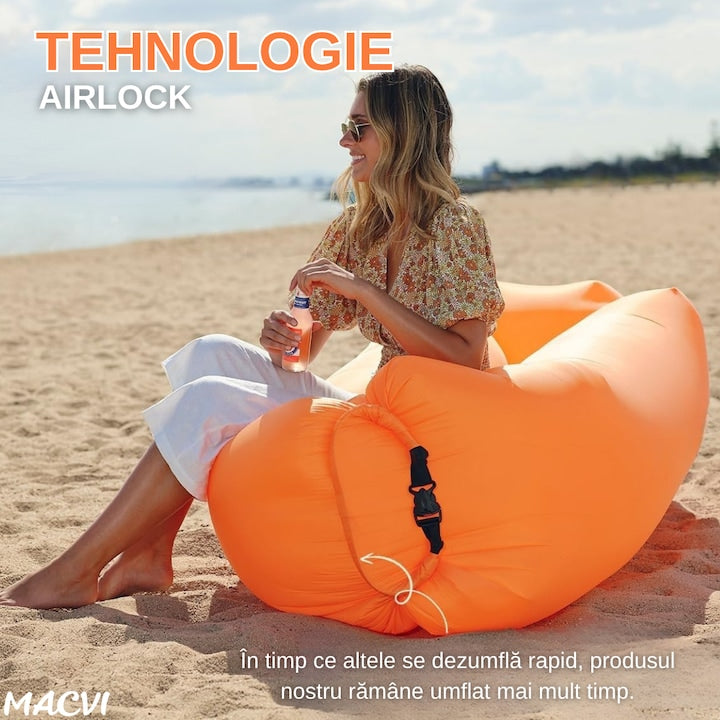 Saltea gonflabila tip sezlong Lazybag, material rezistent, umflare fara pompa, pentru plaja/picnic/camping, rucsac de depozitare, 190 x 70 cm,Portocaliu