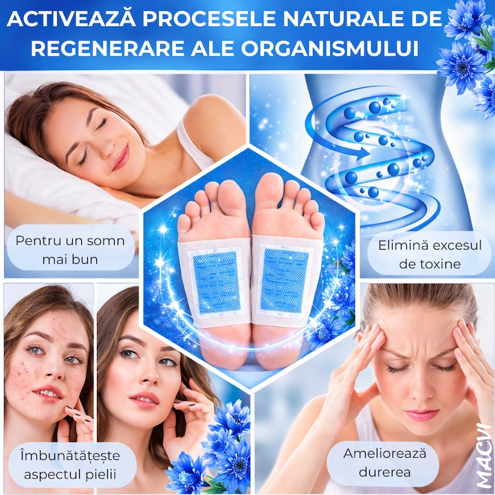 Set 10 Plasturi Plasturi Detox KINOKI pentru Picioare cu floare albastra, Detoxifiere Naturala, Eliminare Toxine, Reducere Miros Neplacut, Imbunatatire Somn, Relaxare si Revitalizare
