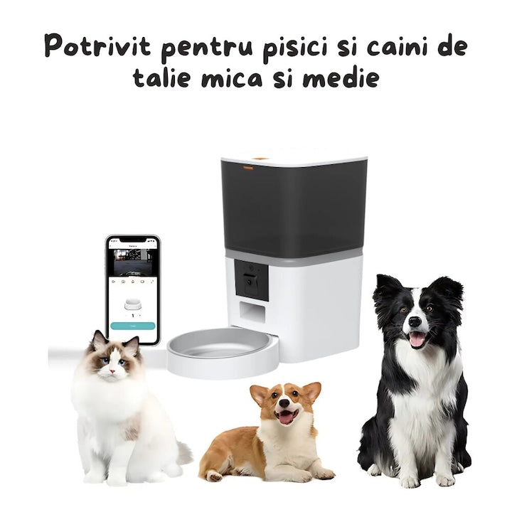 Dozator Automat Hrana Animale 6L cu Camera HD 1080P, Audio Bidirectional, Control din Telefon, WiFi 5G, Vas Inox, Programare Mese pentru Caini si Pisici