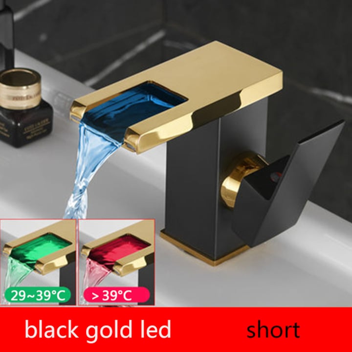 Robinet baie LED tip cascada Negru-Auriu, premium jet RGB cu iluminare in functie de temperatura constructie din alama