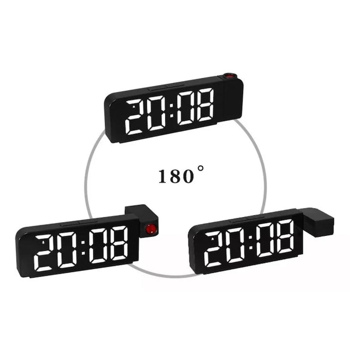 Ceas digital de masa, LED multicolor, proiectie ora tavan/perete, alarma, temperatura, 12/24H, USB, negru, baterie CR2032 (neinclusa), 13 x 7 x 4 cm