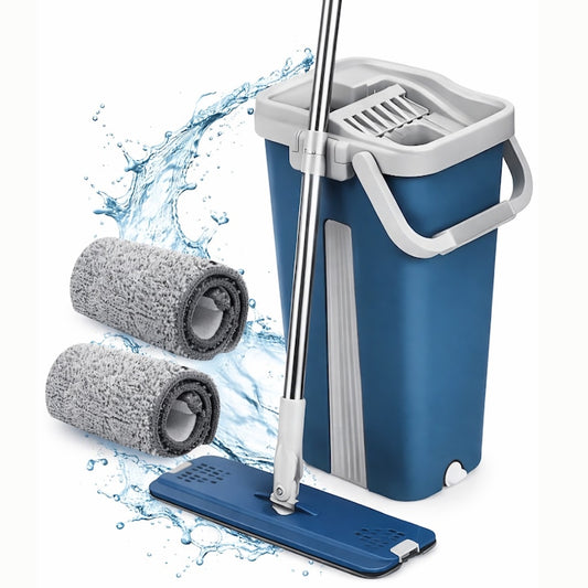 Set curatare cu mop plat si galeata cu sistem de stoarcere, scurgere cu dop, coada telescopica si 2 lavete microfibra rezerva