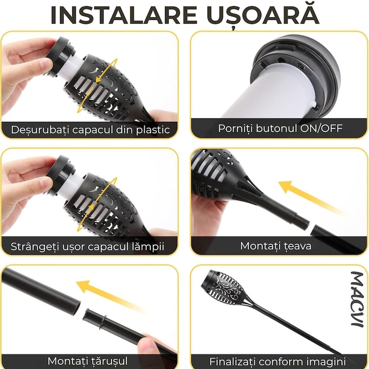 Torta Solara LED 96 LED-uri, Efect Real de Flacara, Senzor de Lumina, Alimentare Solara, Rezistenta la Intemperii, Negru