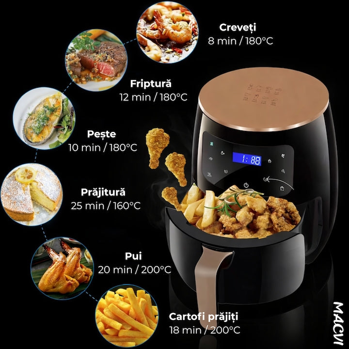 Friteuza cu Aer Cald, Air Fryer, Filtru de Aer Integrat, 6 Programe, Putere 2400W, Control Temperatura, Cronometru Reglabil, Capacitate 6L
