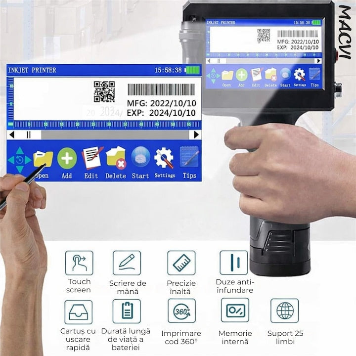 Imprimanta termica portabila, wireless, 12.7 mm, cerneala HP originala, coduri QR, coduri de bare, date variabile, multifunctionala