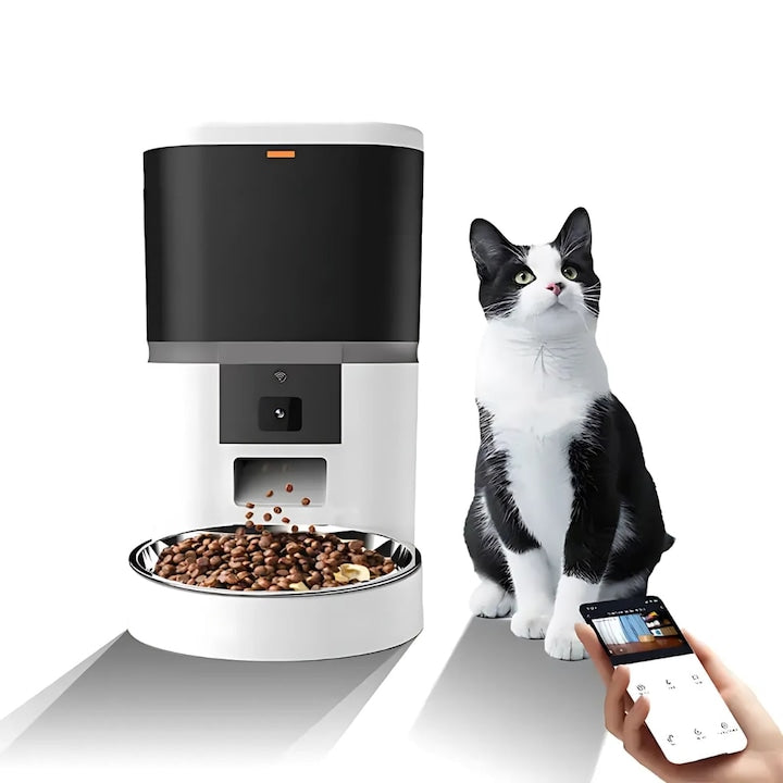 Dozator Automat Hrana Animale 6L cu Camera HD 1080P, Audio Bidirectional, Control din Telefon, WiFi 5G, Vas Inox, Programare Mese pentru Caini si Pisici