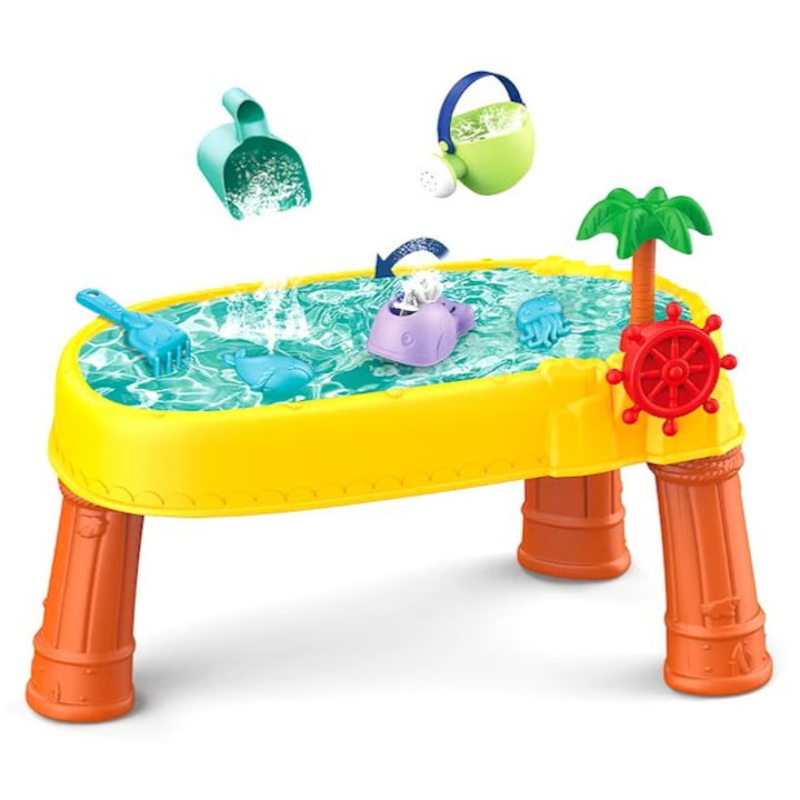 Masa de apa 2 in 1 pentru copii, cu 8 accesorii interactive, multicolor, recomandata 3 ani+