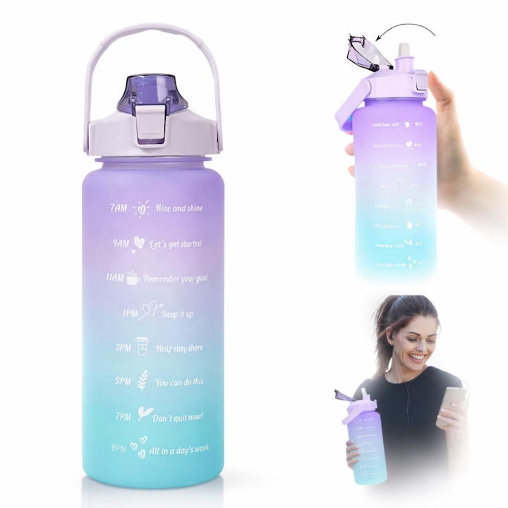 Bidon fitness de apa 2L multicolor, plastic PC fara BPA, cu duza, maner si inscriptii motivante, etansa cu garnitura siliconica