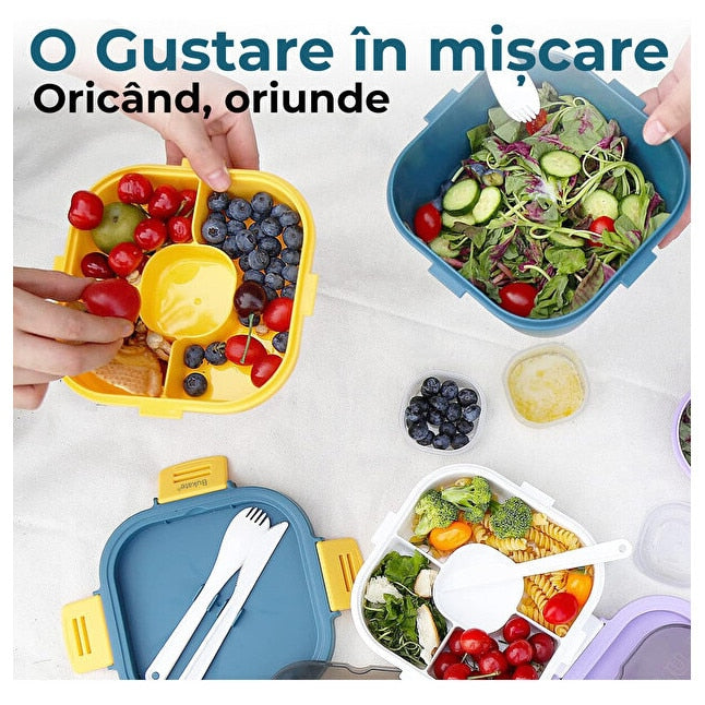 Caserola Alimentara 1.7L cu 4 Compartimente si Recipient Sos Lunch Box BPA Free