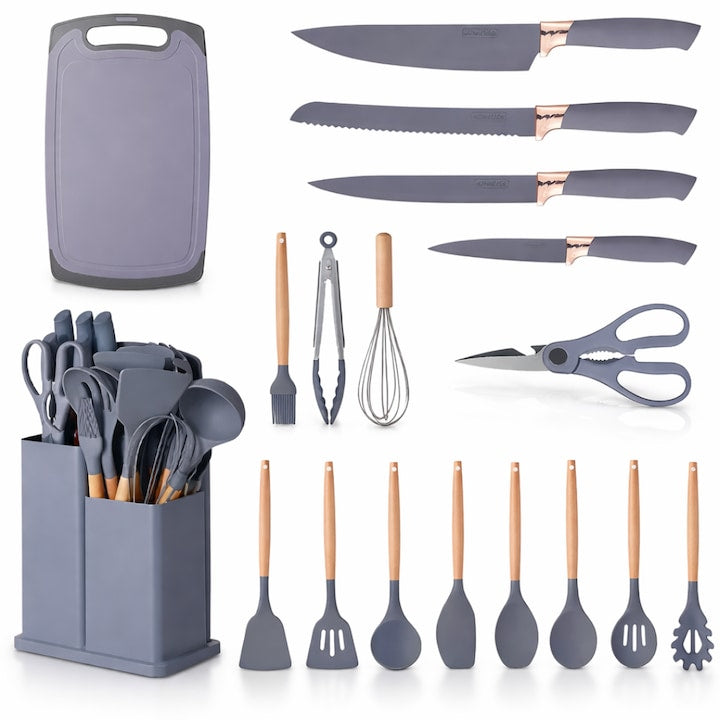 Set Ustensile Bucatarie 19 Piese Silicon Termorezistent si Bambus, Cutite Inox, Suport Organizator Compact, Design Gri Elegant