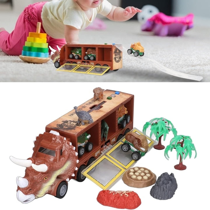 Camion Dinozaur Interactiv cu Lumini si Sunete, 3 Vehicule Detasabile, Rampa de Lansare si Accesorii Preistorice, Jucarie Educativa pentru Copii 3+