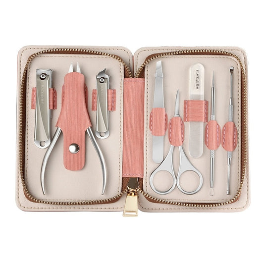 Trusa manichiura si pedichiura, 8 piese, inox, etui roz
