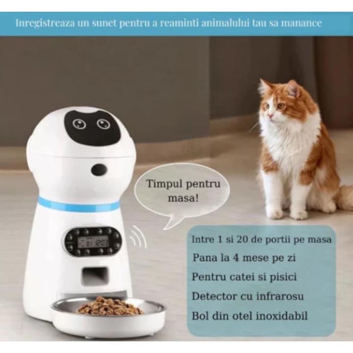 Hranitor automat pentru caini si pisici, rezervor 3.5L, functie smart si programare, sunet hranire, distribuitor mancare uscata, usor de curatat