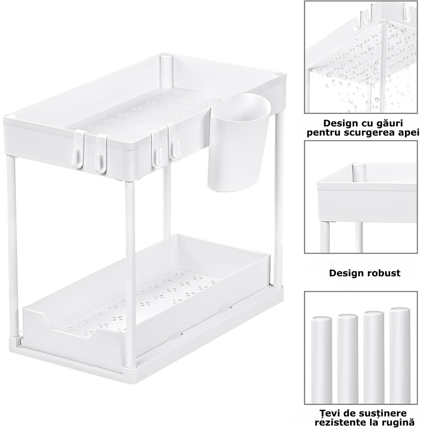 Organizator Extensibil Sub Chiuveta cu Sertar Glisant si 4 Carlige Alb Descriere produs
