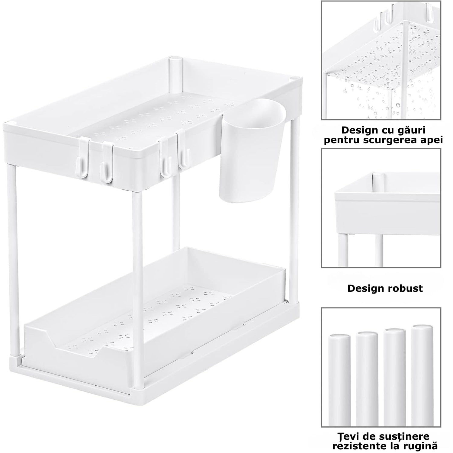 Organizator Extensibil Sub Chiuveta cu Sertar Glisant si 4 Carlige Alb Descriere produs