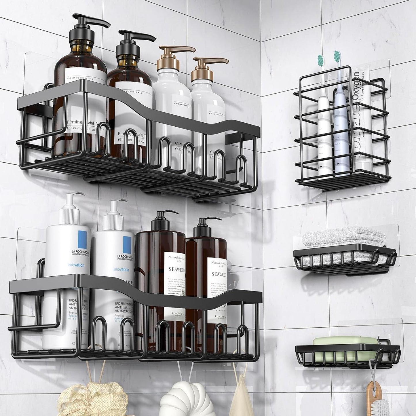 Set 5 Rafturi Organizatoare pentru Baie si Bucatarie, Inox Negru, Montaj Fara Gauri, Suport Sapun, Periute si Gel de Dus, Design Modern si Durabil
