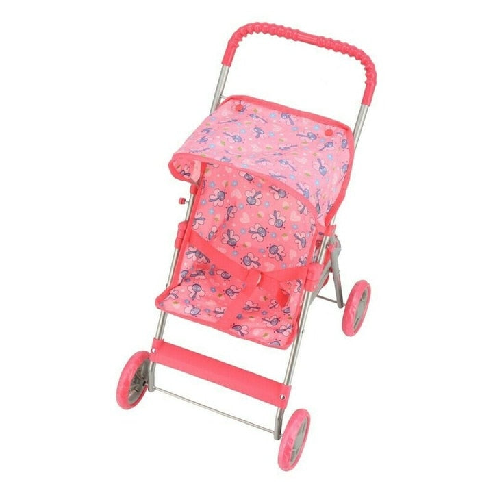 Carucior pliabil pentru papusi, cadru metalic rezistent, 4 roti stabile, maner reglabil, cos de depozitare, design realist, roz