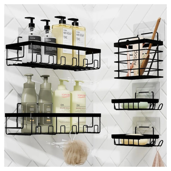 Organizator de dus din otel inoxidabil, montare adeziva fara gaurire, capacitate mare, rezistent la rugina, negru