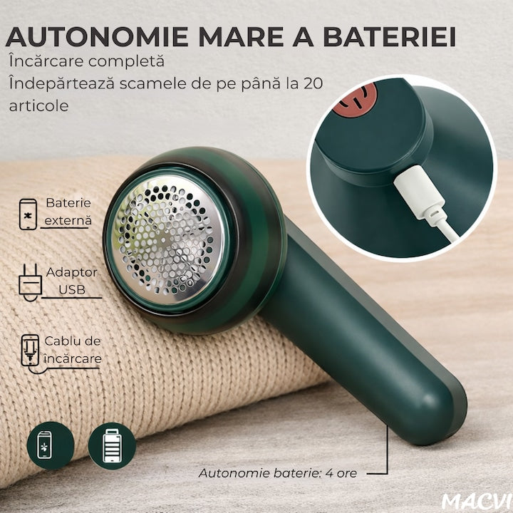 Aparat de indepartat scame, incarcare USB, utilizare 4 ore, curatare uscata, verde