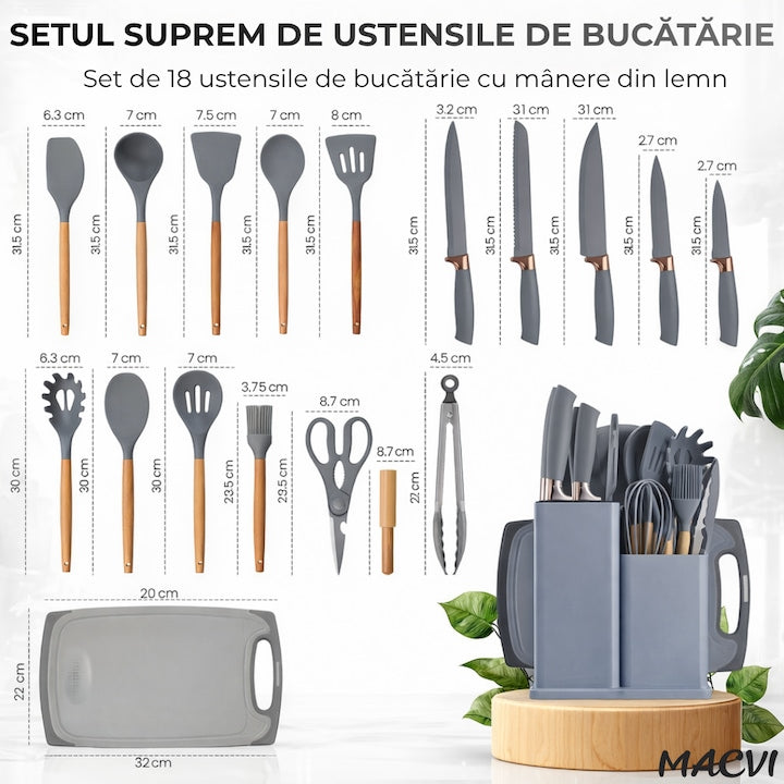 Set Ustensile Bucatarie 19 Piese Silicon Termorezistent si Bambus, Cutite Inox, Suport Organizator Compact, Design Gri Elegant