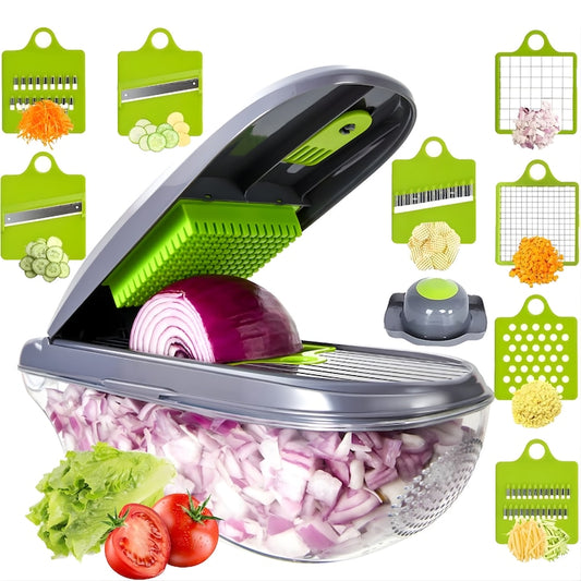 Tocator multifunctional legume 12 in 1, 8 lame interschimbabile din otel inoxidabil, recipient 1, 5 L, pentru feliere, taiere cuburi