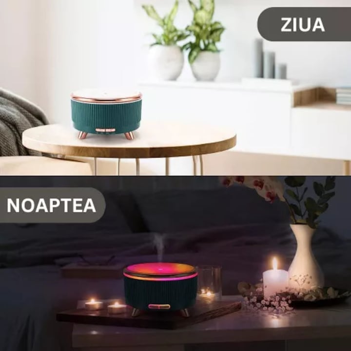 Difuzor Aromaterapie 500 ml Umidificator Aer Ultrasonic 7 Culori LED, Timer 1 -3 -6 h, Model Marmura Verde Inchis