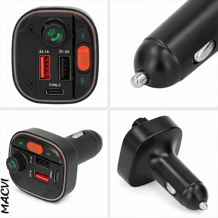 Modulator FM Bluetooth 5.0 cu Incarcare Rapida QC 3.0 si PD 20W, 1x USB Tip C, 2x USB Tip A, Iluminare RGB, Negru