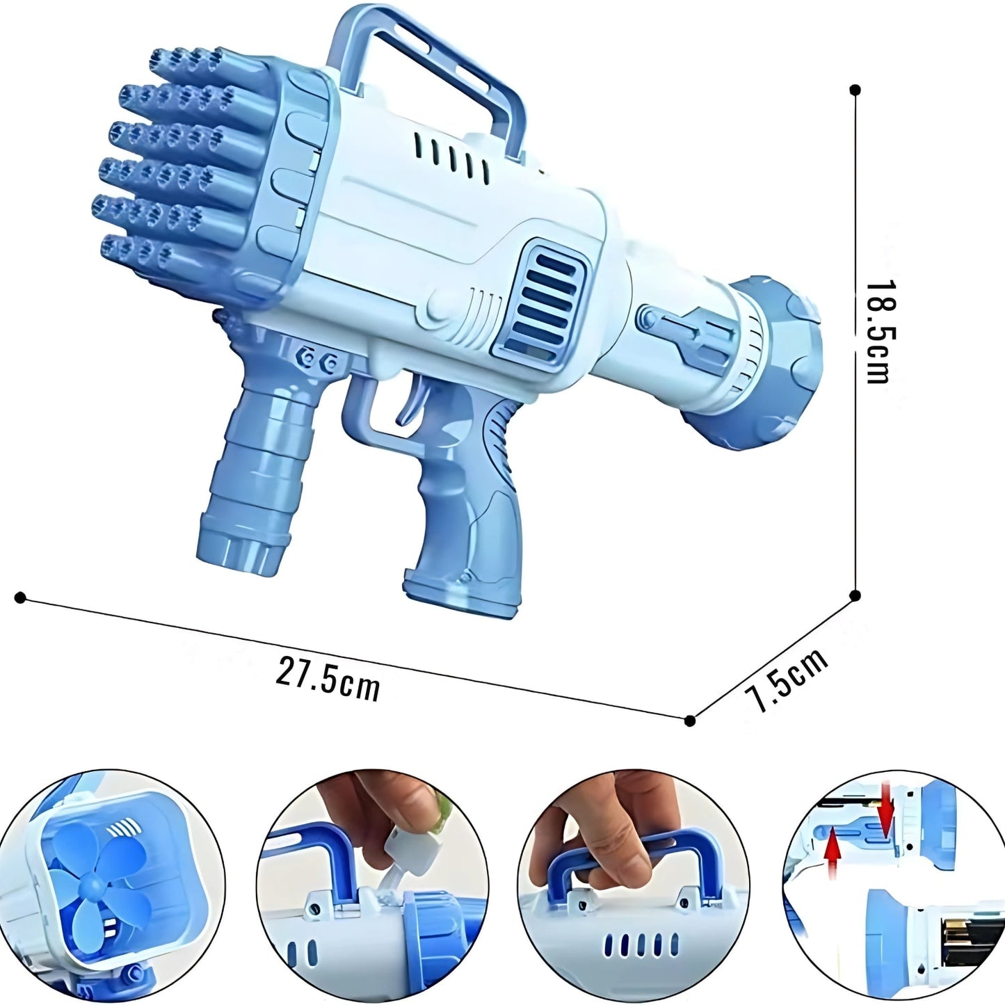 Pistol Baloane de Sapun cu Lumini LED si Ventilator 32 Gauri Albastru