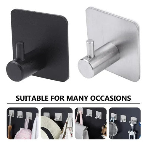 Set 4 cuiere de perete din otel inoxidabil, montaj fara gaurire, 2 negre + 2 argintii, rezistente la umiditate, pentru baie si hol