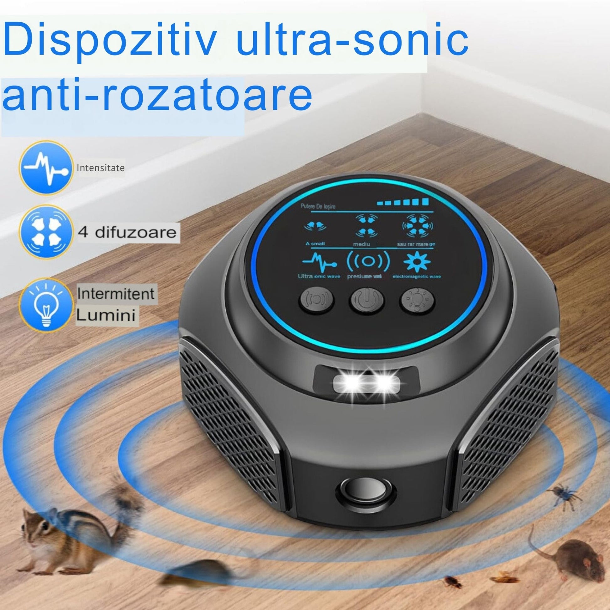 Aparat Ultrasunete Anti Daunatori Anti Rozatoare Insecte Sobolani 300 m² 3 Trepte 360° Negru