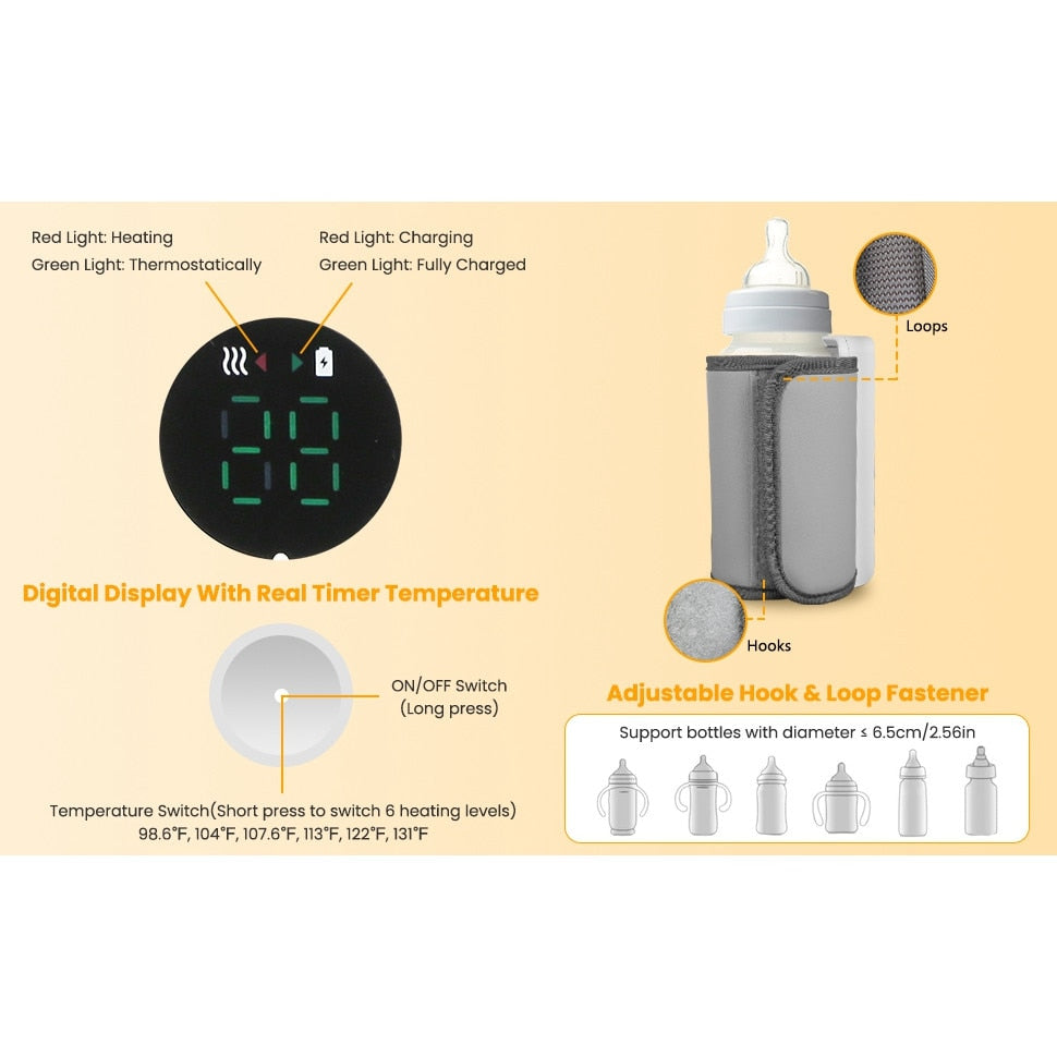 Incalzitor portabil pentru biberoane, 6 niveluri temperatura, mentinere caldura pana la 5 ore, alimentare USB, 300 ml