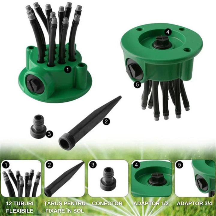 Aspersor Gradina Multifunctional 360°, 12 Tuburi Flexibile, Economisire Apa
