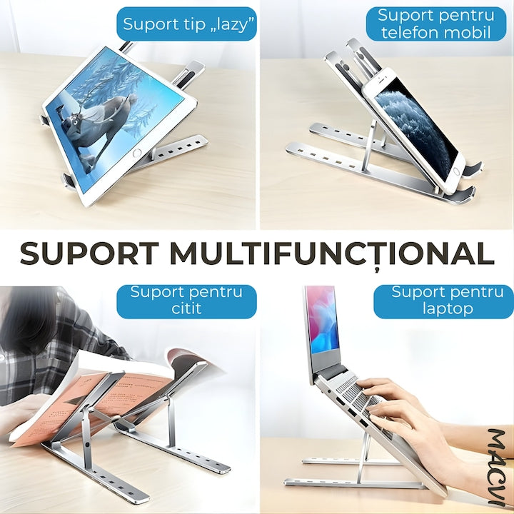 Suport laptop ergonomic din aluminiu,ajustabil 6 nivele, husa de protectie, disipare caldura, antialunecare, compatibil 10-15.6 inch, argintiu