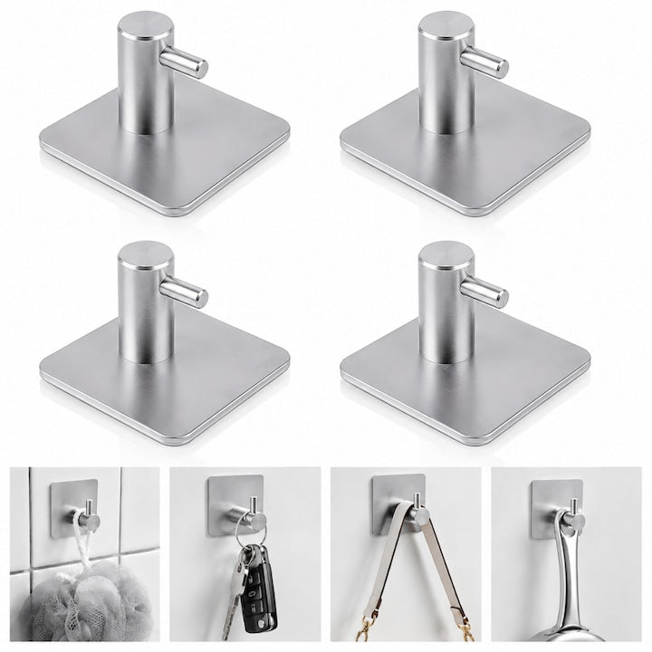 Set 4 cuiere de perete din otel inoxidabil, montaj fara gaurire, 4 argintii, rezistente la umiditate, pentru baie si hol