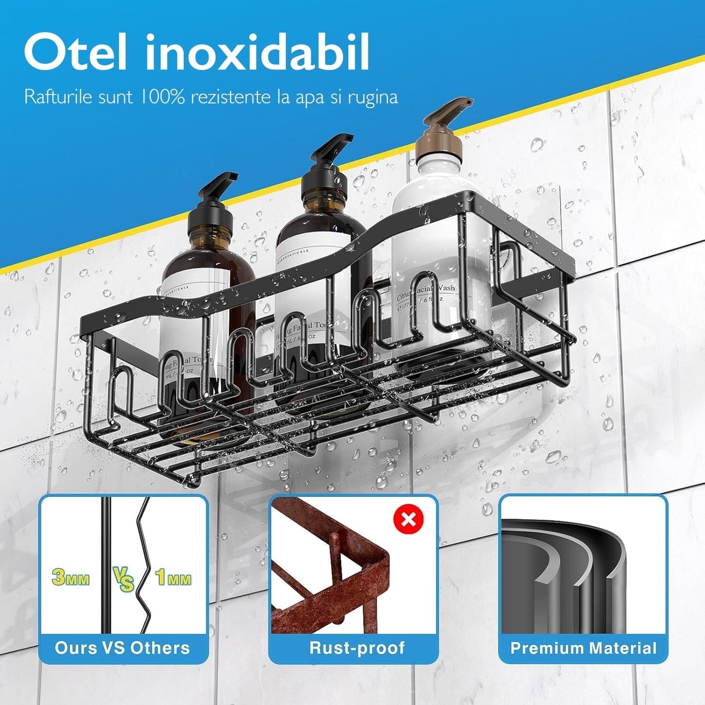 Set 5 Rafturi Organizatoare pentru Baie si Bucatarie, Inox Negru, Montaj Fara Gauri, Suport Sapun, Periute si Gel de Dus, Design Modern si Durabil