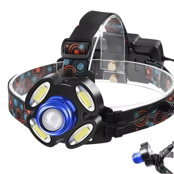Lanterna frontala de cap cu 5 LED-uri, iluminare puternica, banda elastica reglabila pentru confort maxim, ideala pentru drumetii si activitati afara