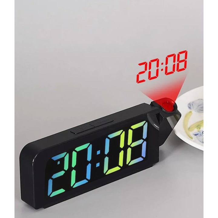 Ceas digital de masa, LED multicolor, proiectie ora tavan/perete, alarma, temperatura, 12/24H, USB, negru, baterie CR2032 (neinclusa), 13 x 7 x 4 cm