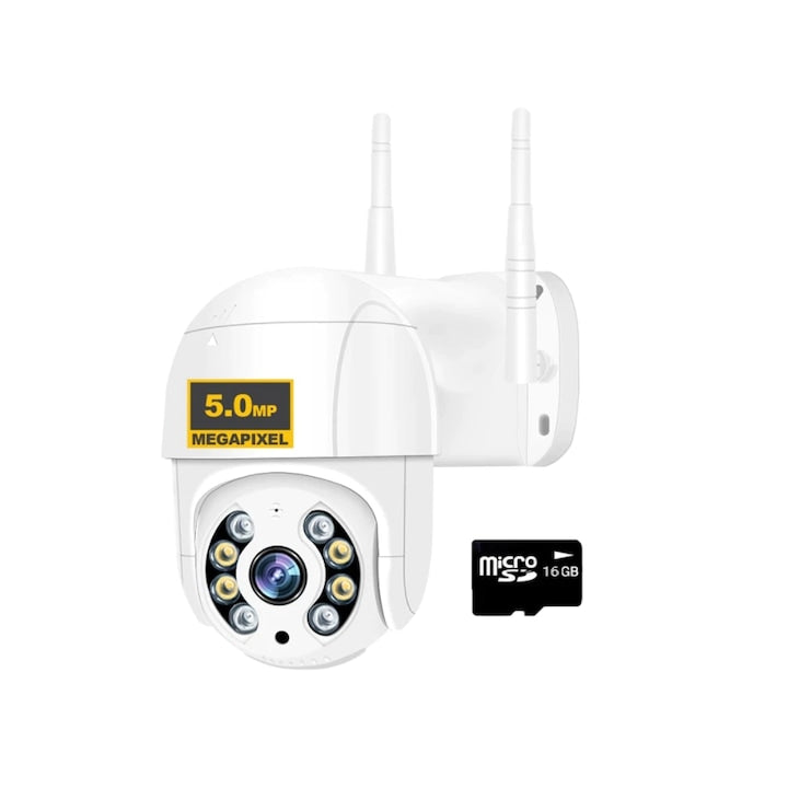 Camera Supraveghere WiFi 50HS Pro+ 5MP 4K PTZ Zoom 4X Auto Tracking Night Vision Card 16GB Alb