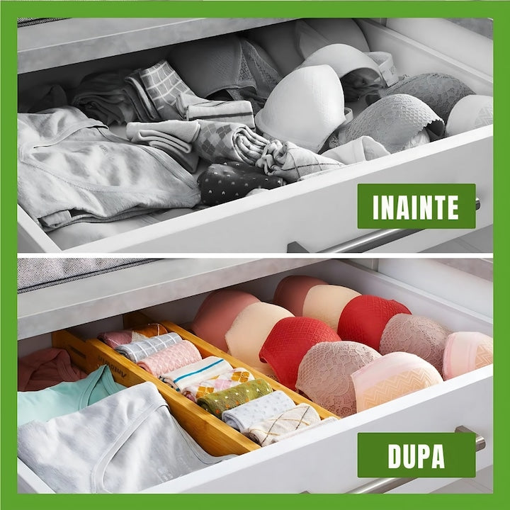 Set 4 organizatoare sertar reglabile bambus premium, capete antiderapante, multifunctionale 35.2-44 cm