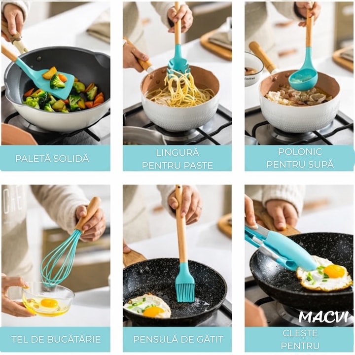 Set ustensile bucatarie silicon premium 19 piese cu suport organizare cutite tocator linguri spatule fara BPA rezistente la temperaturi ridicate verde menta