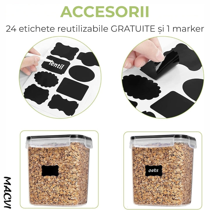 Set 7 organizatoare/recipiente pentru depozitare alimente, etichete incluse, organizare bucatarie, capac etans, plastic fara BPA