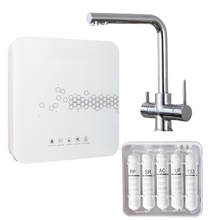 Filtru apa ultrafiltrare 5 etape + alcalinizare, precizie 0, 01 µm, baterie 3 cai, robinet 360°, sub chiuveta