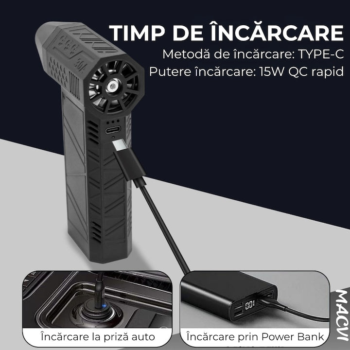 Suflanta aer fara fir motor puternic 130000RPM baterie reincarcabila flux de aer reglabil negru