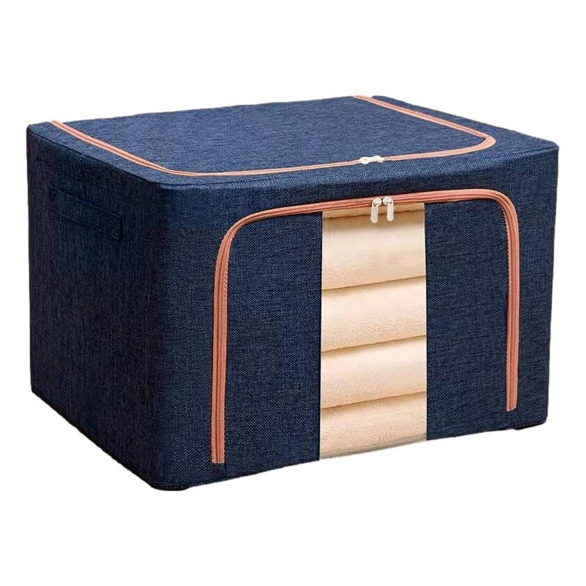 Organizator depozitare 100 litri, cutie textila pliabila cu capac si fermoar, panou transparent pentru vizualizare si cadru metalic robust, ideala pentru haine voluminoase si depozitare