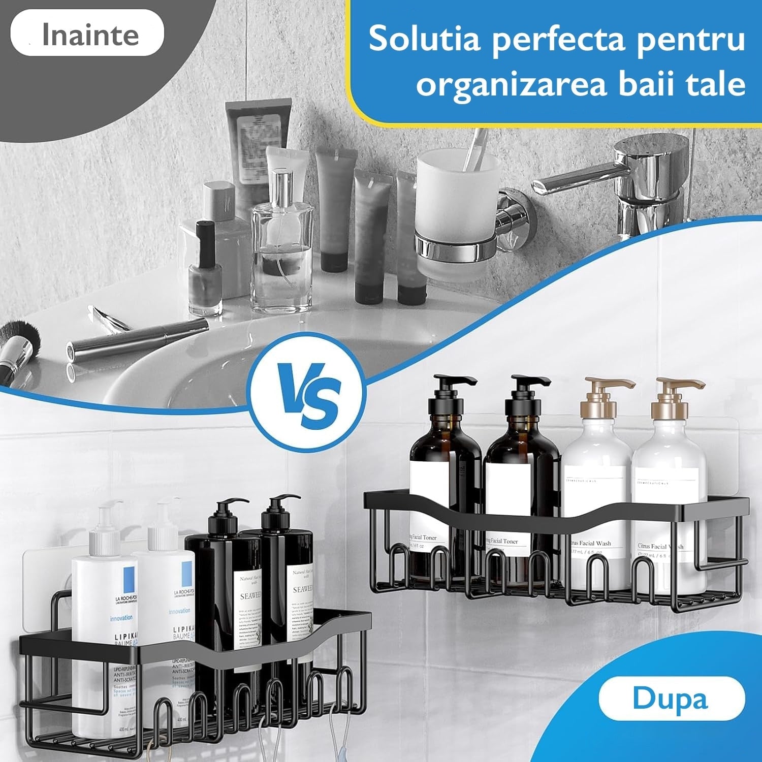 Set 5 Rafturi Organizatoare pentru Baie si Bucatarie, Inox Negru, Montaj Fara Gauri, Suport Sapun, Periute si Gel de Dus, Design Modern si Durabil