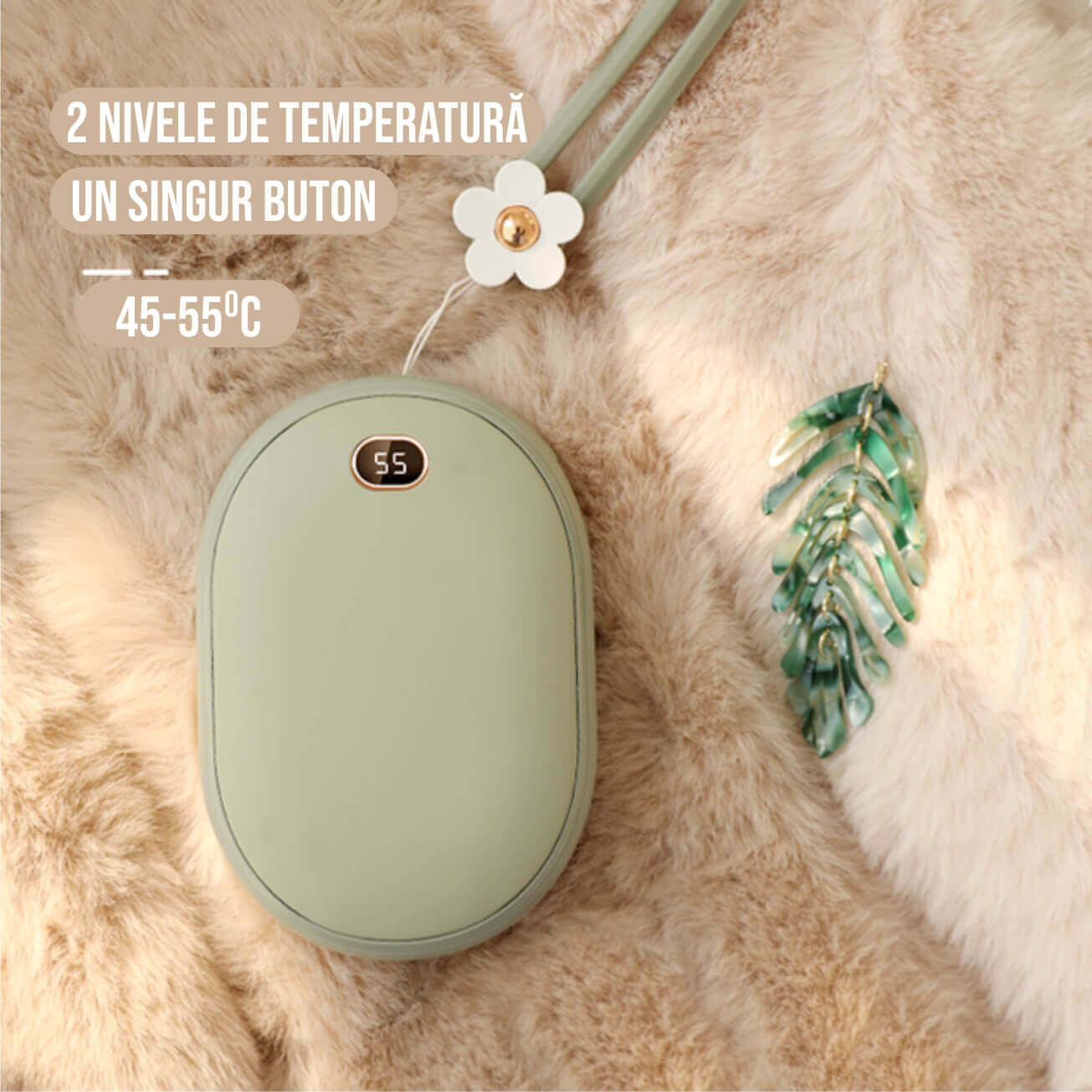Incalzitor de maini 2 in 1, Powerbank 10000mAh, USB, 2 trepte incalzire 45°/55°, compact si portabil, verde