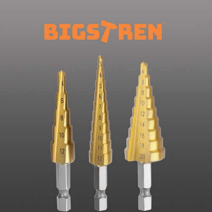 Set 3 burghie conice in trepte, otel HSS cu acoperire titan, tije 6 mm, dimensiuni 4-12 mm, 3-12 mm, 4-20 mm, cutie depozitare inclusa, rezistente si durabile