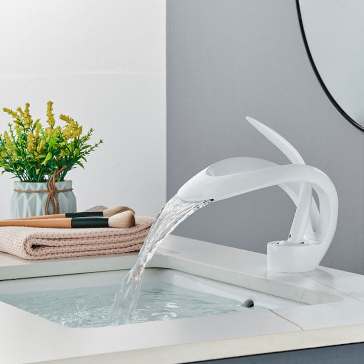Baterie chiuveta baie tip cascada cromata 15 cm montaj pe chiuveta design nordic modern debit redus, alb