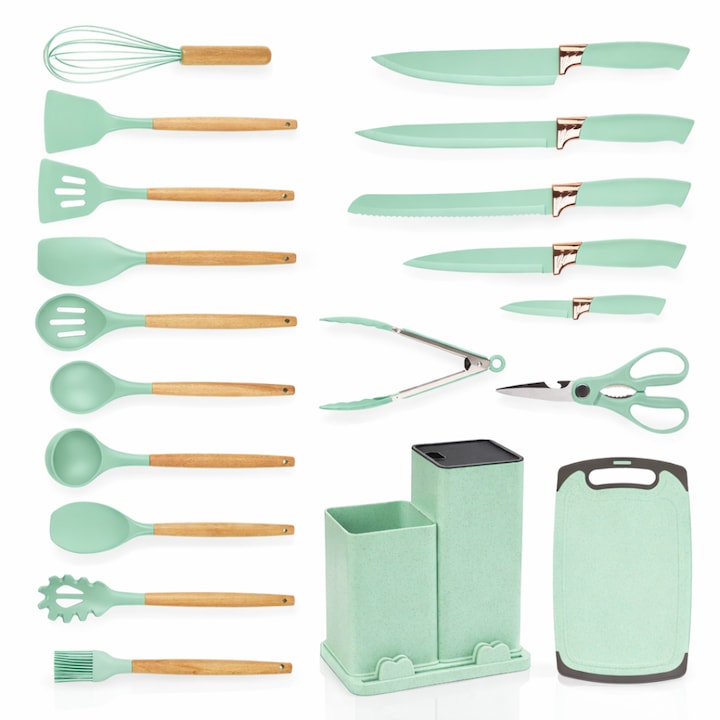 Set ustensile bucatarie silicon premium 19 piese cu suport organizare cutite tocator linguri spatule fara BPA rezistente la temperaturi ridicate verde menta