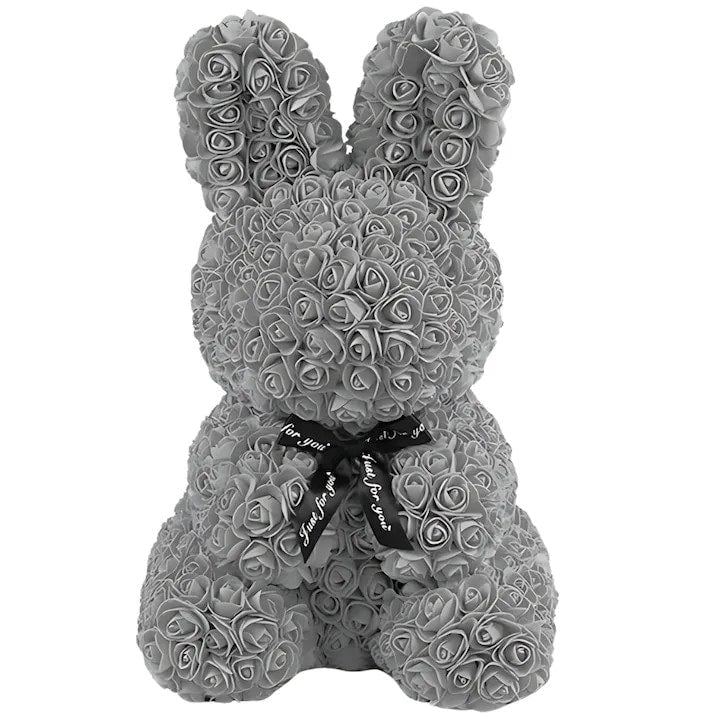 Iepuras Decorativ din Trandafiri Spuma Gri 45 cm cu Fundita Cutie Cadou Inclusa Decor Elegant